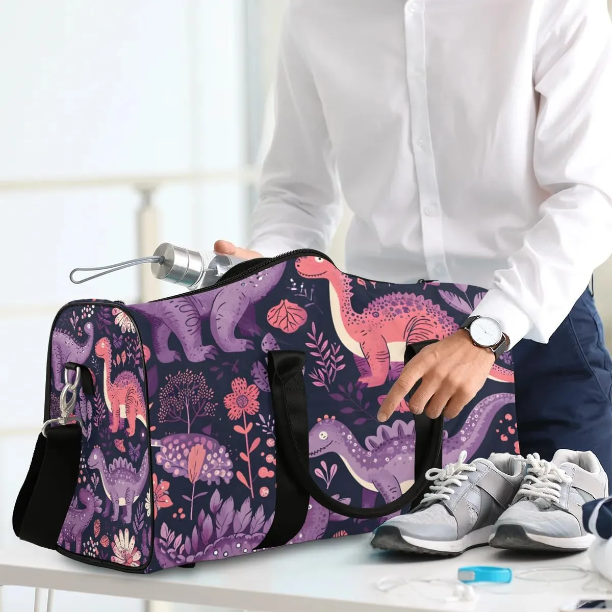 Colorful Dinosaurs Travel Duffel Bag for Women Men Waterproof Foldable Overnight Weekender Bag Large Capacity Sports Gym Bag