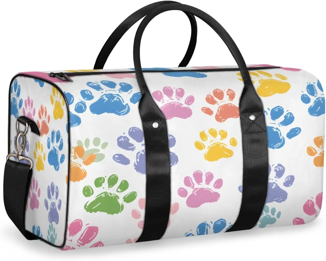Colorful Dog Paw Travel Duffle Bag, Sports Gym Bags for Women Men, Carry On Weekender Overnight Bag, Paw Print Workout Hospital Airplane Trips Bag