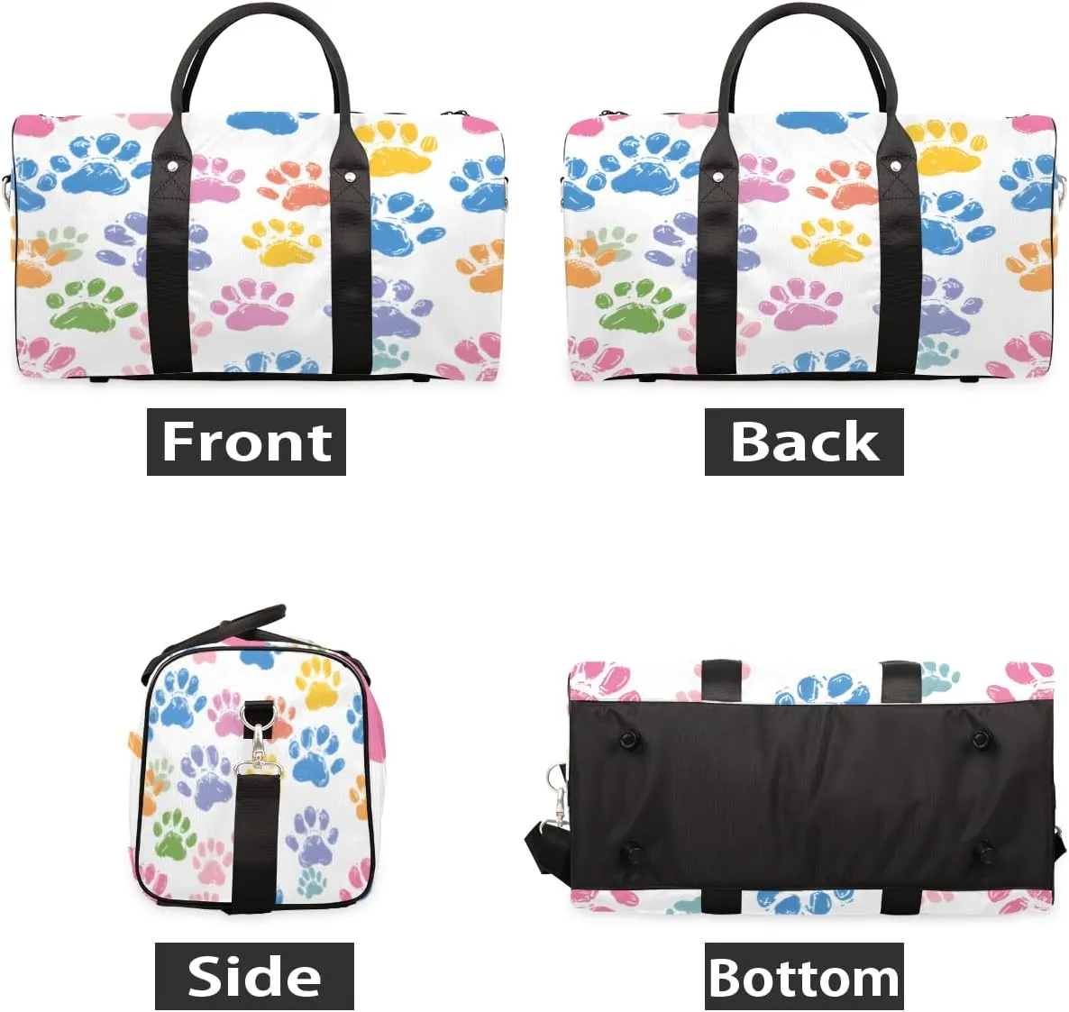 Colorful Dog Paw Travel Duffle Bag, Sports Gym Bags for Women Men, Carry On Weekender Overnight Bag, Paw Print Workout Hospital Airplane Trips Bag