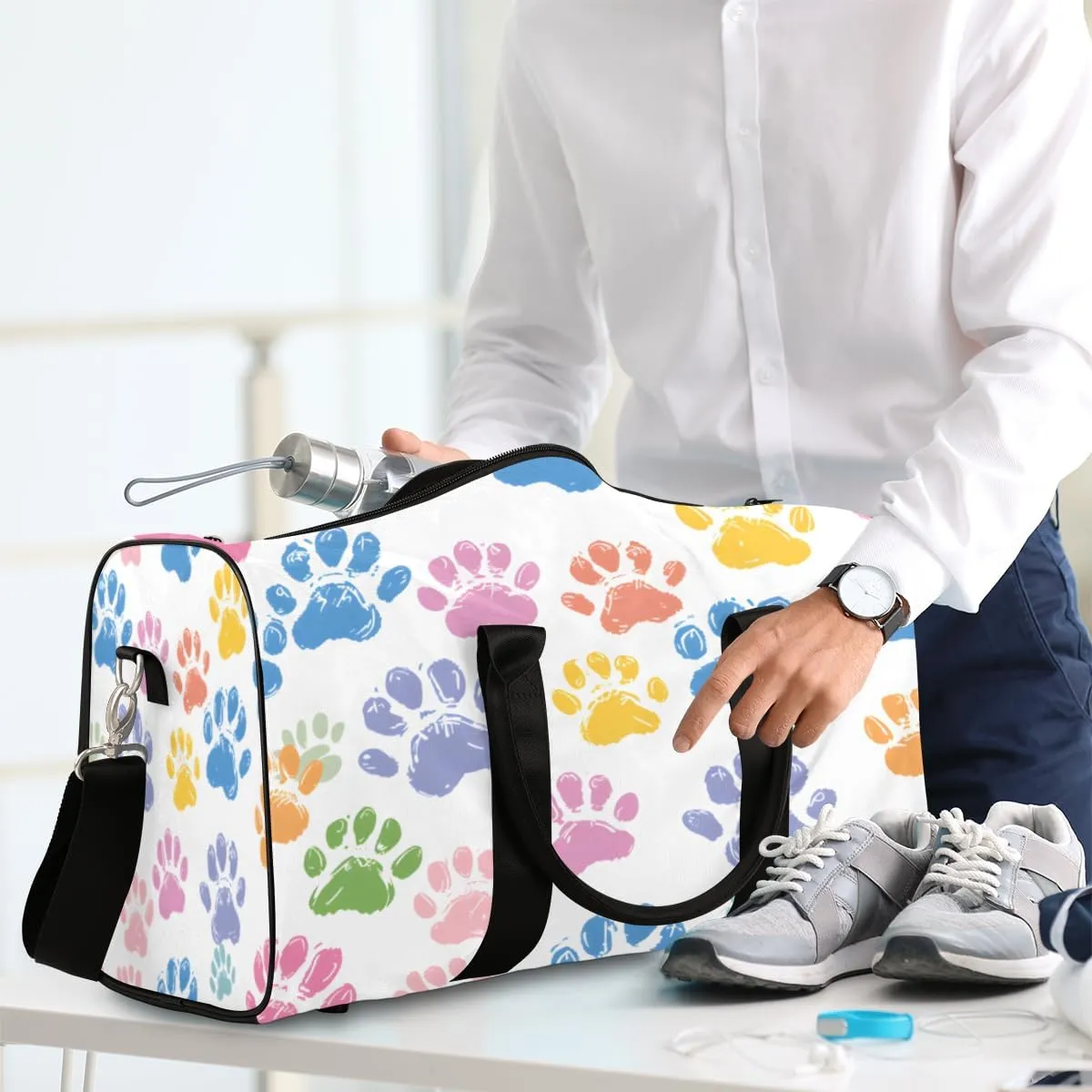Colorful Dog Paw Travel Duffle Bag, Sports Gym Bags for Women Men, Carry On Weekender Overnight Bag, Paw Print Workout Hospital Airplane Trips Bag