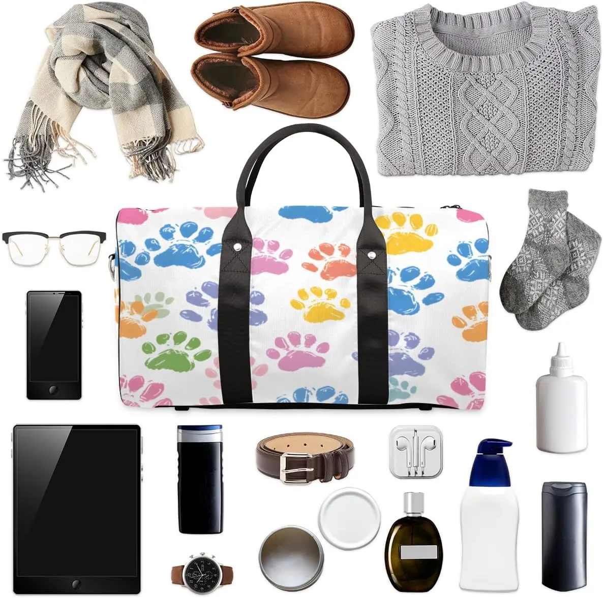 Colorful Dog Paw Travel Duffle Bag, Sports Gym Bags for Women Men, Carry On Weekender Overnight Bag, Paw Print Workout Hospital Airplane Trips Bag