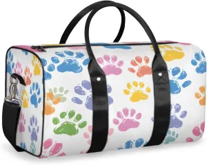 Colorful Dog Paw Travel Duffle Bag, Sports Gym Bags for Women Men, Carry On Weekender Overnight Bag, Paw Print Workout Hospital Airplane Trips Bag