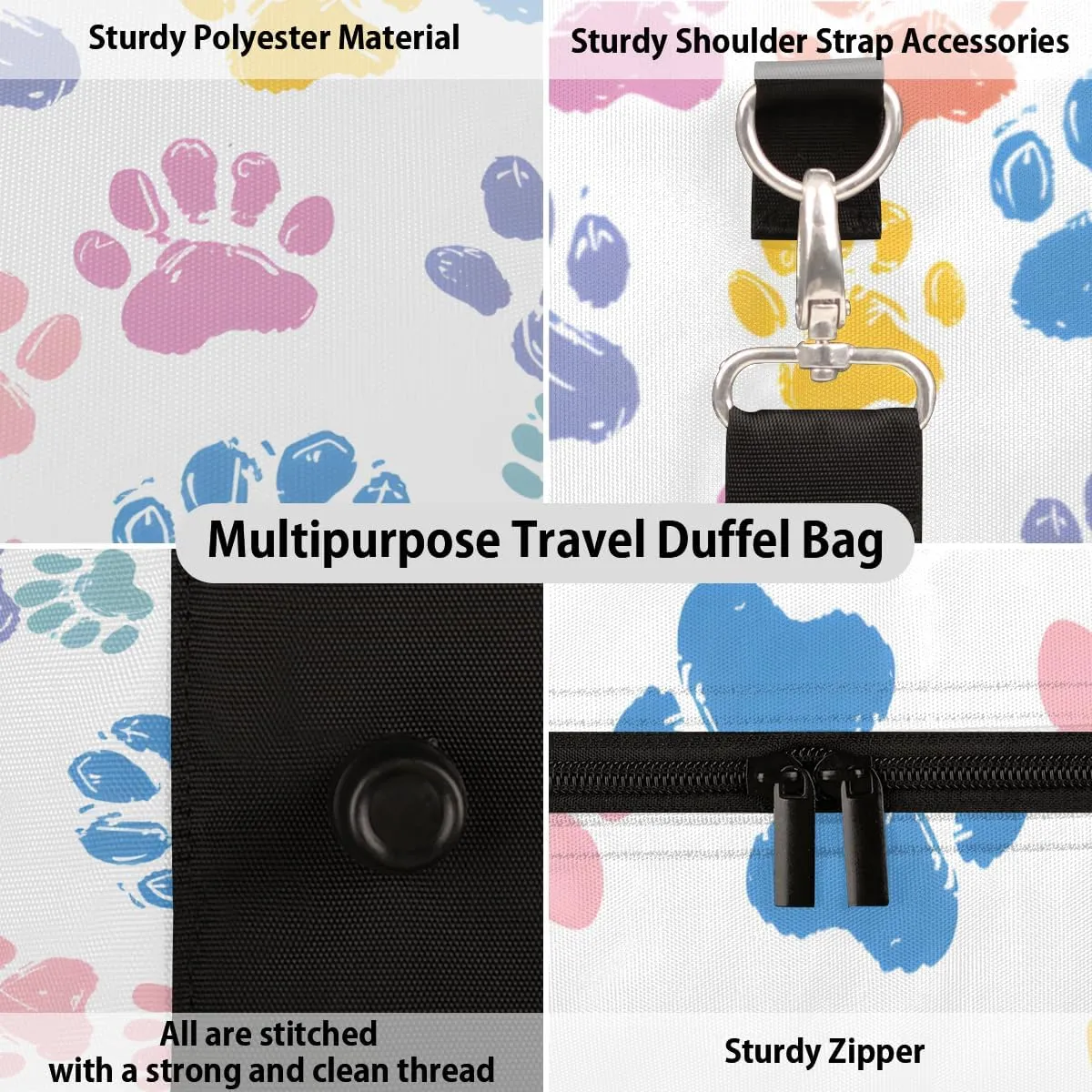 Colorful Dog Paw Travel Duffle Bag, Sports Gym Bags for Women Men, Carry On Weekender Overnight Bag, Paw Print Workout Hospital Airplane Trips Bag