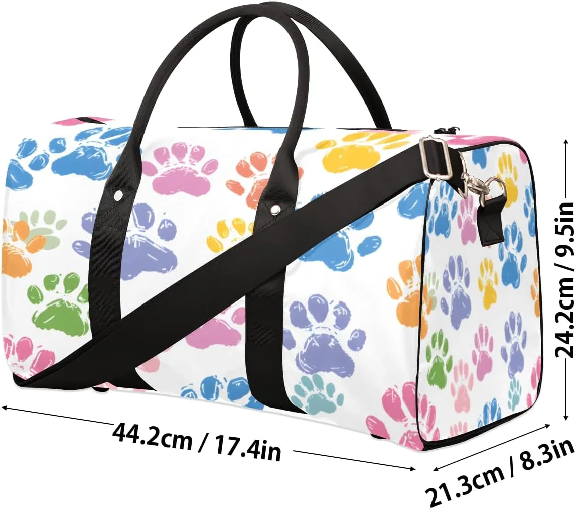Colorful Dog Paw Travel Duffle Bag, Sports Gym Bags for Women Men, Carry On Weekender Overnight Bag, Paw Print Workout Hospital Airplane Trips Bag