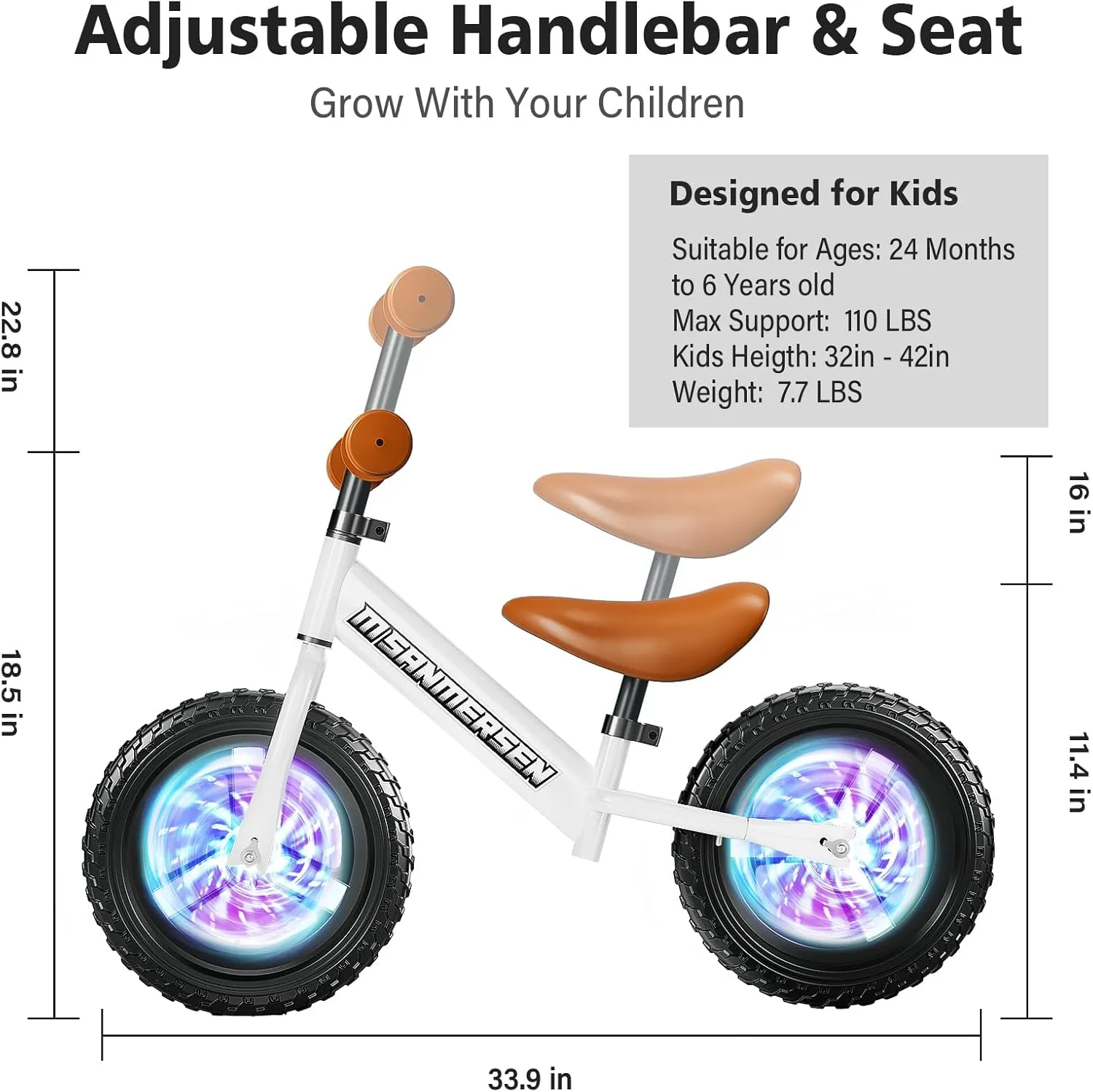 Colorful Lighting Toddler Balance Bike 2 3 Year Old,Balance Bike for Age 24 Months to 5 Years Old,12Inch Lightweight Steady Balancing Bike with Adjustable Handlebar&Seat,Birthday Gift for 2 3 4 5 Kids