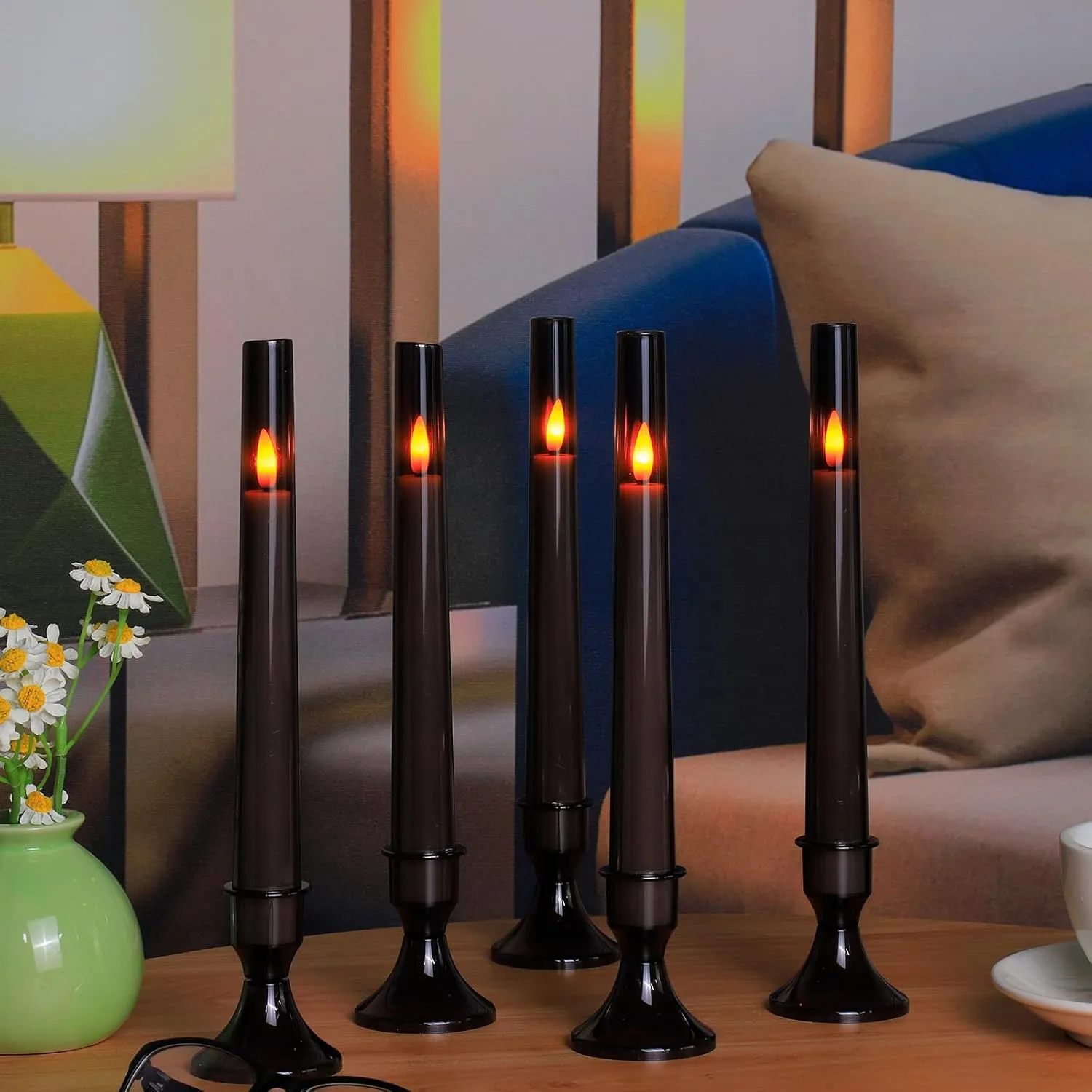 Comenzar 12PC Flameless Taper Candles - LED Fake Candles with Timer, Flickering Design with Base, Perfect for Home, Windows, Weddings, Parties(Gray)