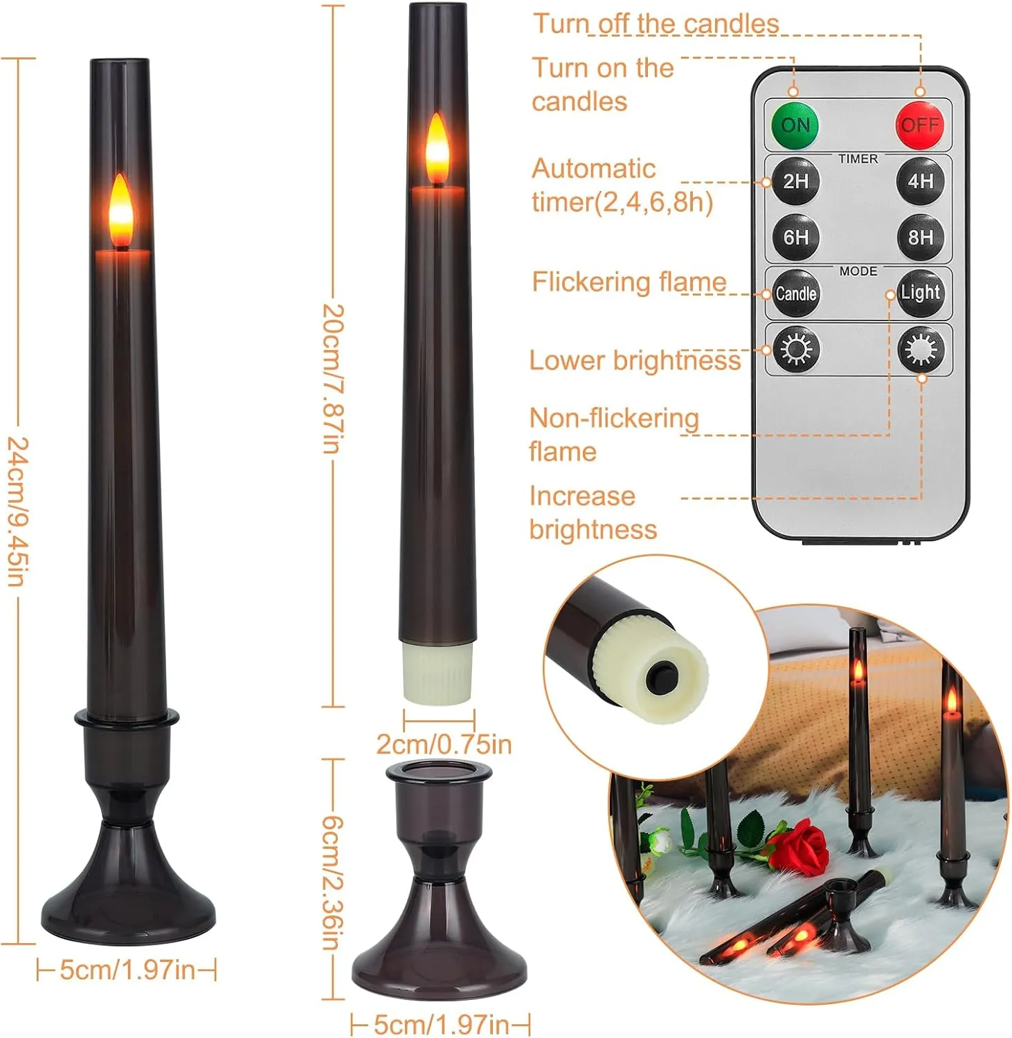 Comenzar 12PC Flameless Taper Candles - LED Fake Candles with Timer, Flickering Design with Base, Perfect for Home, Windows, Weddings, Parties(Gray)