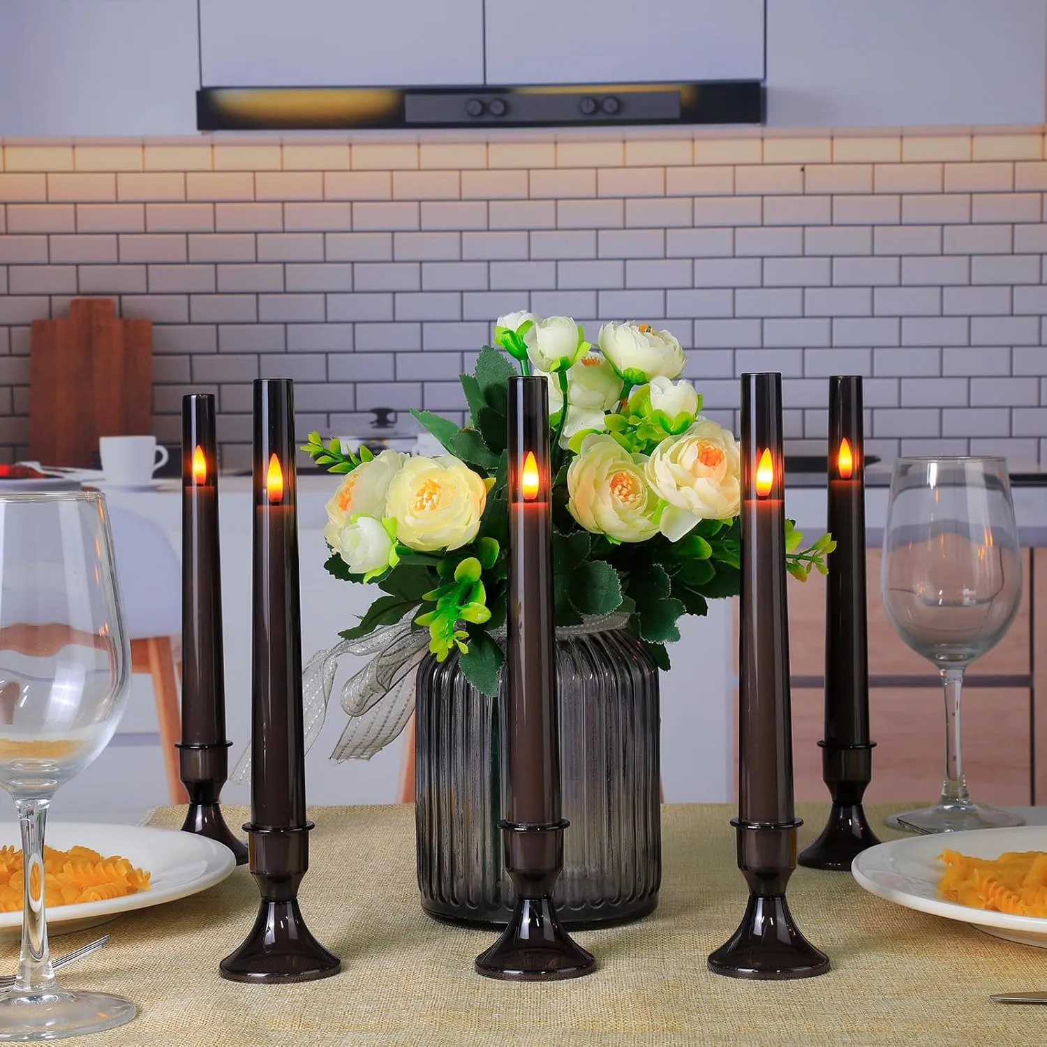 Comenzar 12PC Flameless Taper Candles - LED Fake Candles with Timer, Flickering Design with Base, Perfect for Home, Windows, Weddings, Parties(Gray)