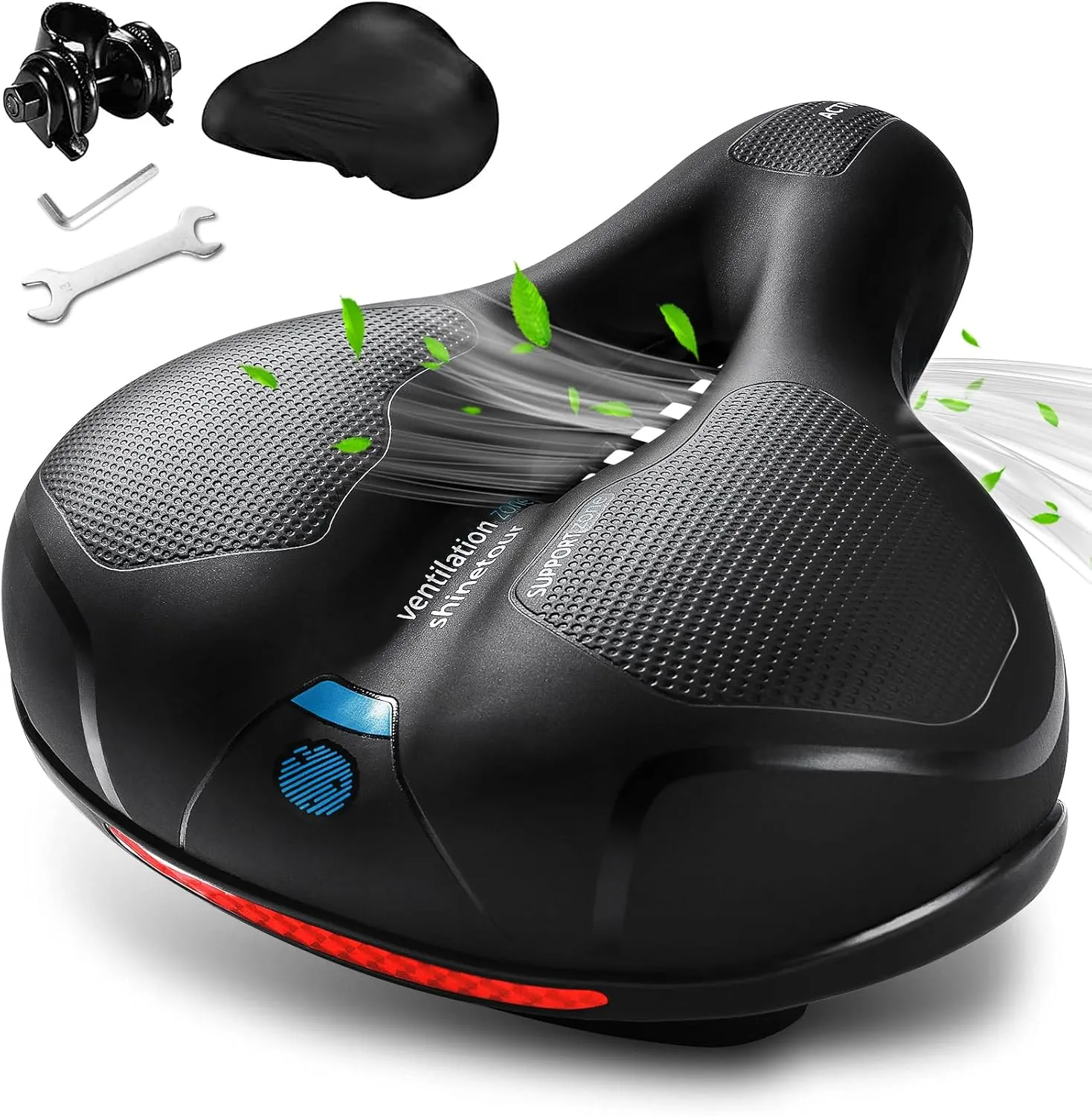 Comfortable Bike Seat, Bike Saddle with Memory Foam Padded, Wide Bicycle Seat with Dual Shock Absorbing and Night Reflective Strips for Men Women