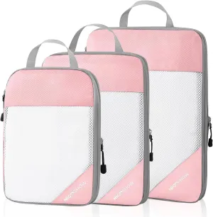 Compression Packing Cubes 3 Set, Compressible Space-Saving Packing Cubes for Travel - Compression Bags, Luggage Organizer, Travel Essentials for Women, Pink