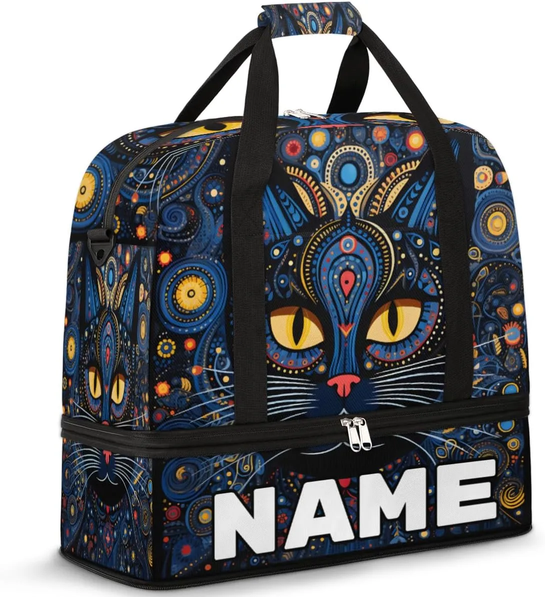 Cool Black Cat Print Custom Foldable Duffle Bag with Shoes Compartment Personalized Large Capacity Waterproof Travel Weekender Bag Overnight Bag for Sports Gym