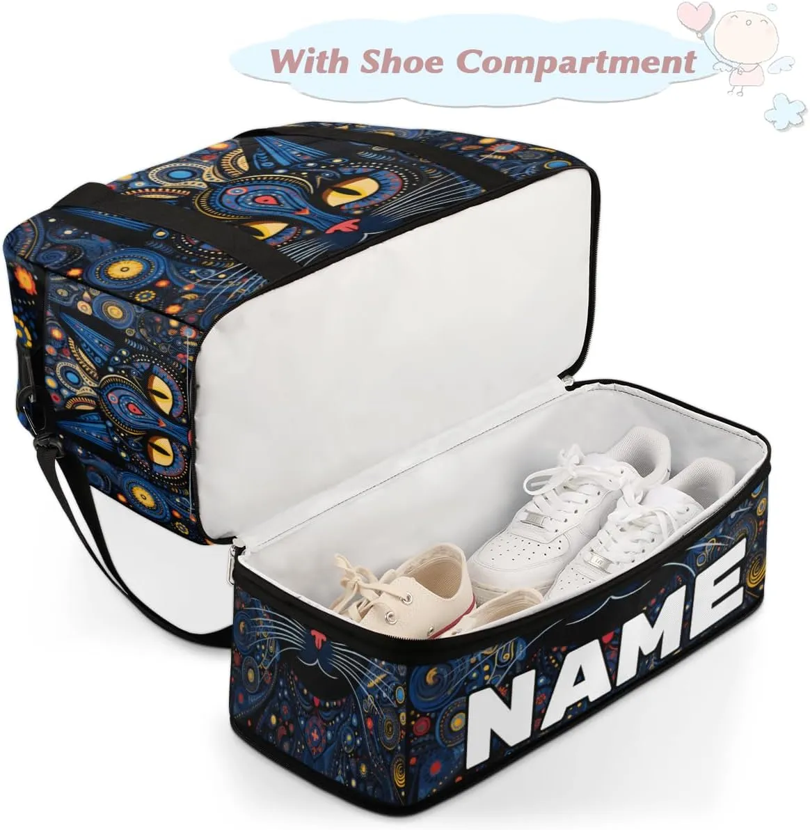 Cool Black Cat Print Custom Foldable Duffle Bag with Shoes Compartment Personalized Large Capacity Waterproof Travel Weekender Bag Overnight Bag for Sports Gym