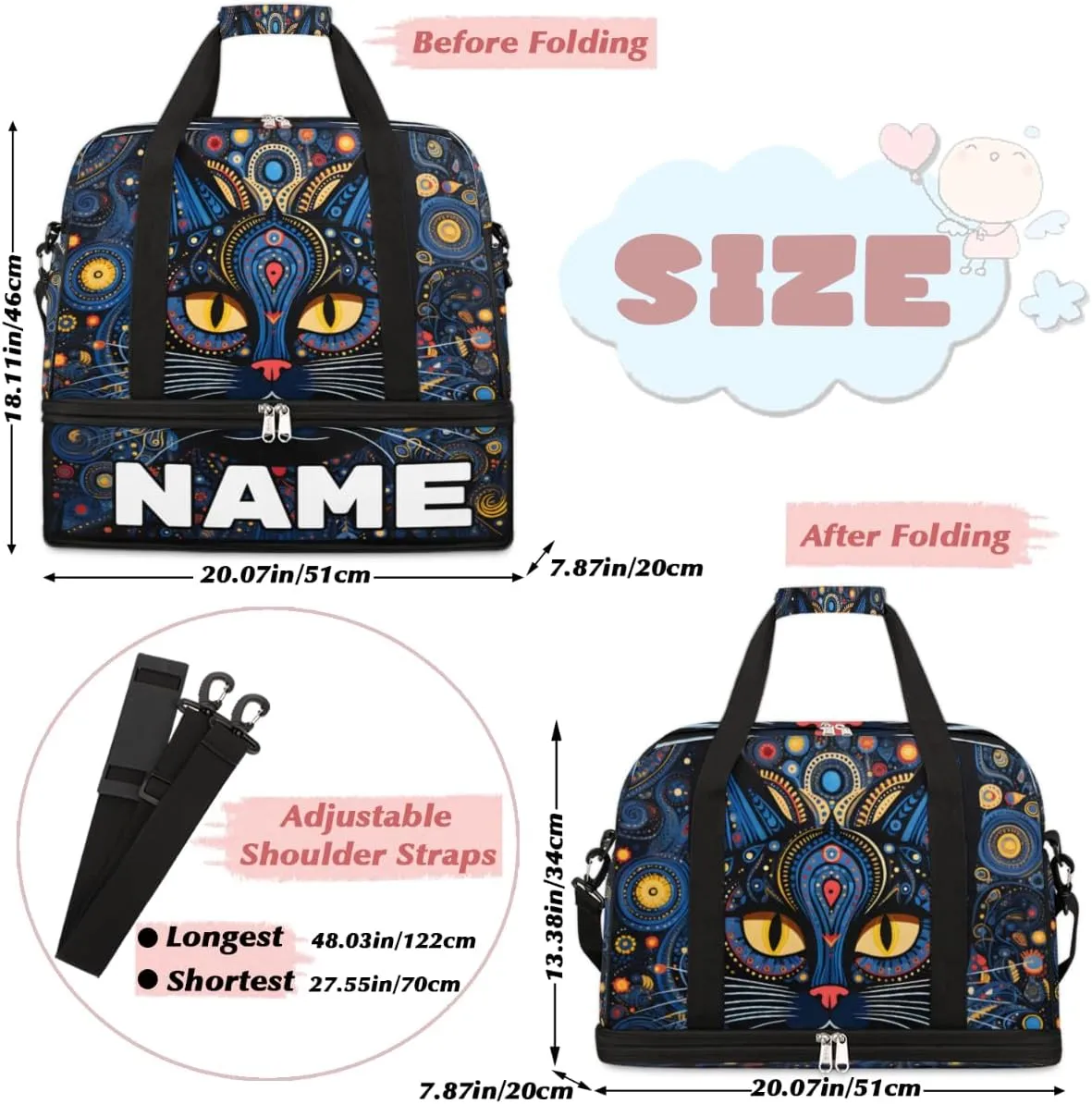 Cool Black Cat Print Custom Foldable Duffle Bag with Shoes Compartment Personalized Large Capacity Waterproof Travel Weekender Bag Overnight Bag for Sports Gym