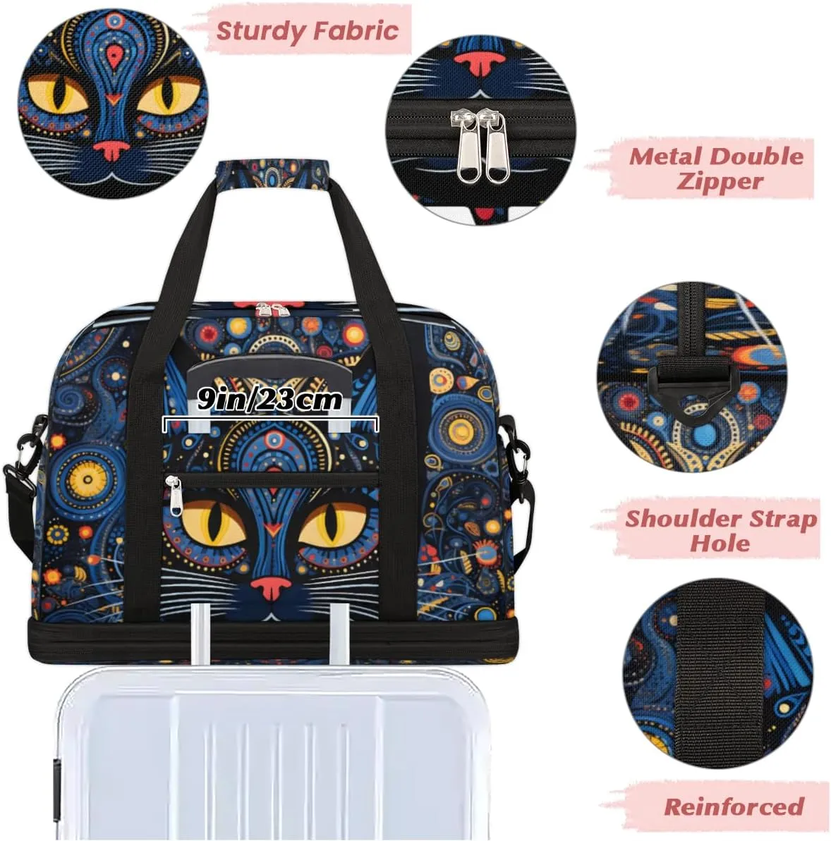Cool Black Cat Print Custom Foldable Duffle Bag with Shoes Compartment Personalized Large Capacity Waterproof Travel Weekender Bag Overnight Bag for Sports Gym