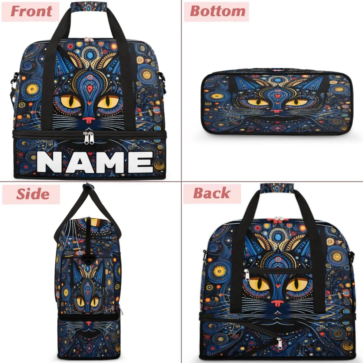 Cool Black Cat Print Custom Foldable Duffle Bag with Shoes Compartment Personalized Large Capacity Waterproof Travel Weekender Bag Overnight Bag for Sports Gym
