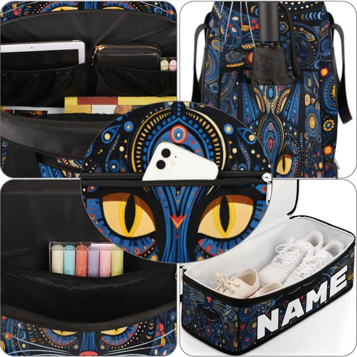 Cool Black Cat Print Custom Foldable Duffle Bag with Shoes Compartment Personalized Large Capacity Waterproof Travel Weekender Bag Overnight Bag for Sports Gym