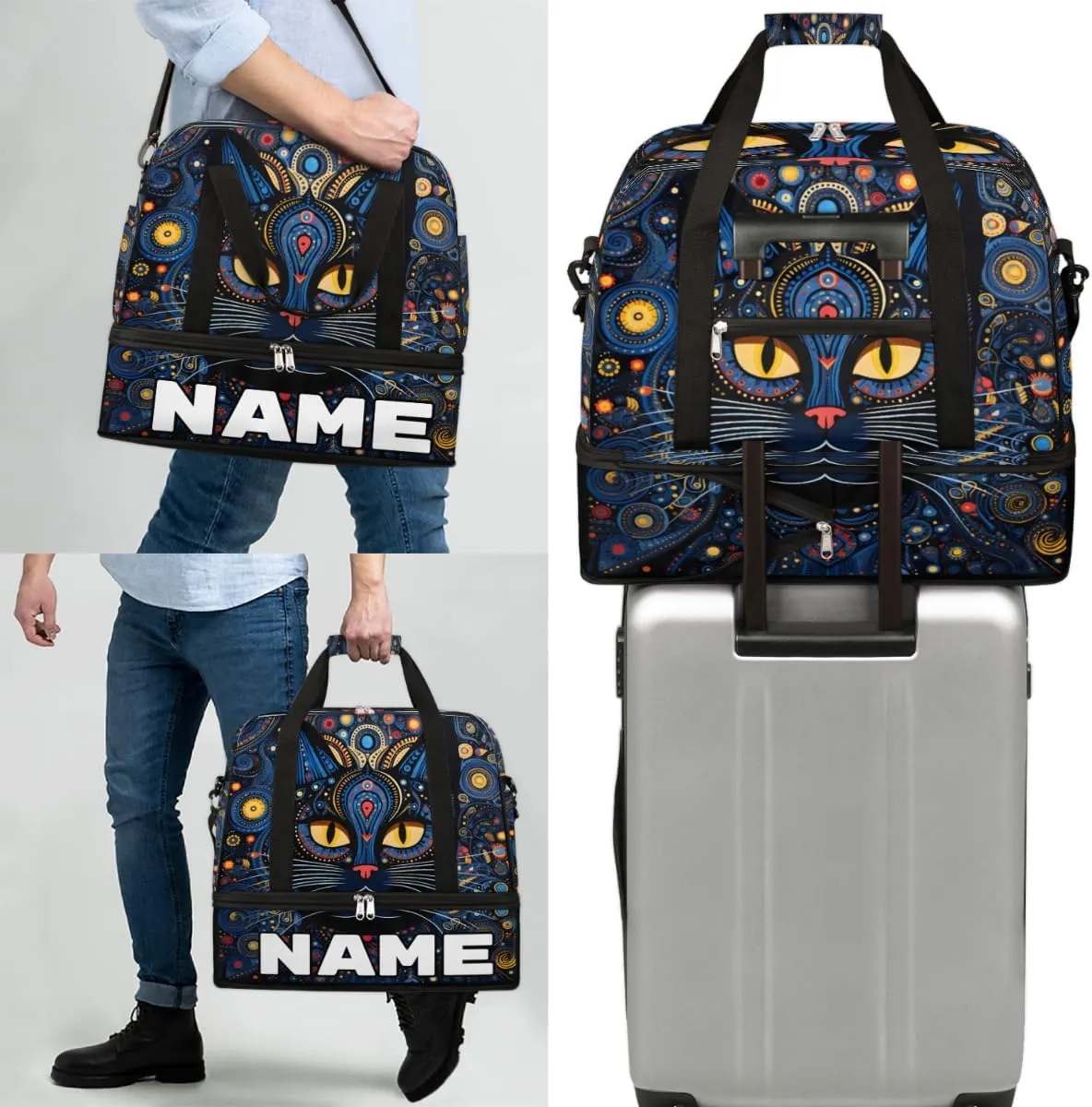Cool Black Cat Print Custom Foldable Duffle Bag with Shoes Compartment Personalized Large Capacity Waterproof Travel Weekender Bag Overnight Bag for Sports Gym