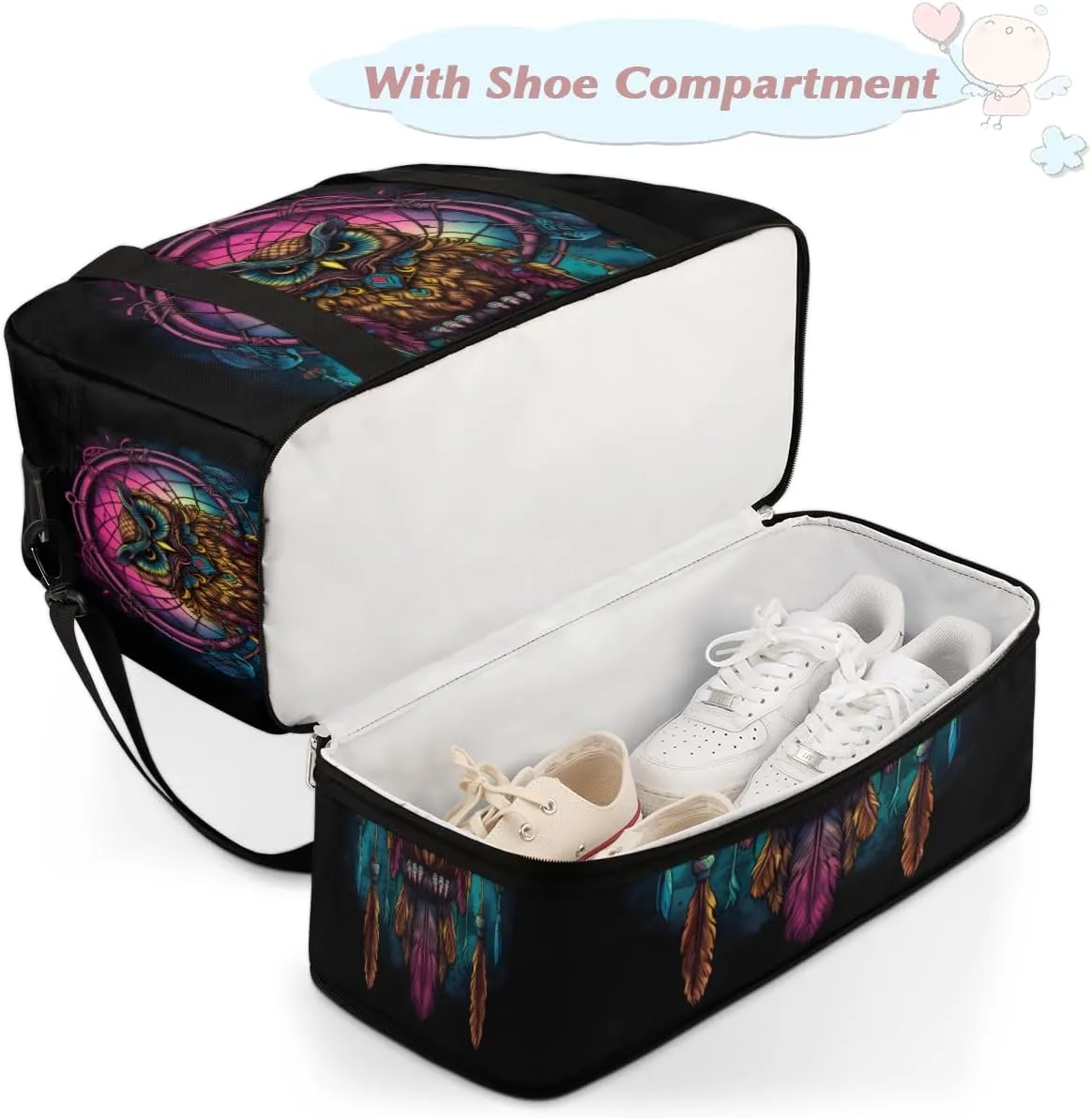 Cool Owl Pattern Foldable Duffle Bag with Shoes Compartment Large Capacity Waterproof Travel Weekender Bag Overnight Bag for Sports Gym