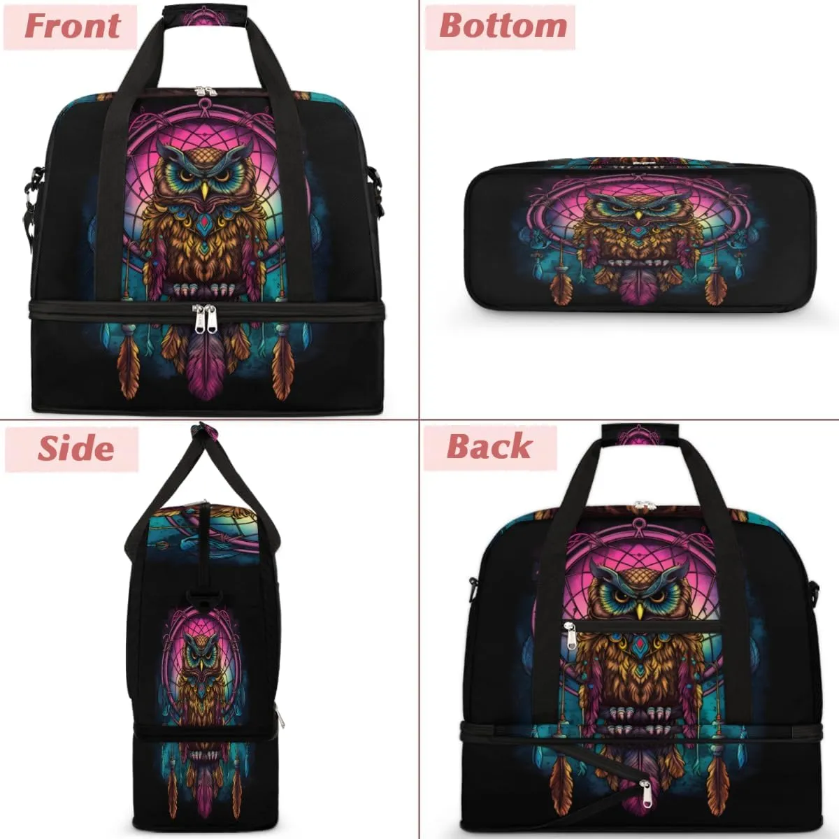 Cool Owl Pattern Foldable Duffle Bag with Shoes Compartment Large Capacity Waterproof Travel Weekender Bag Overnight Bag for Sports Gym