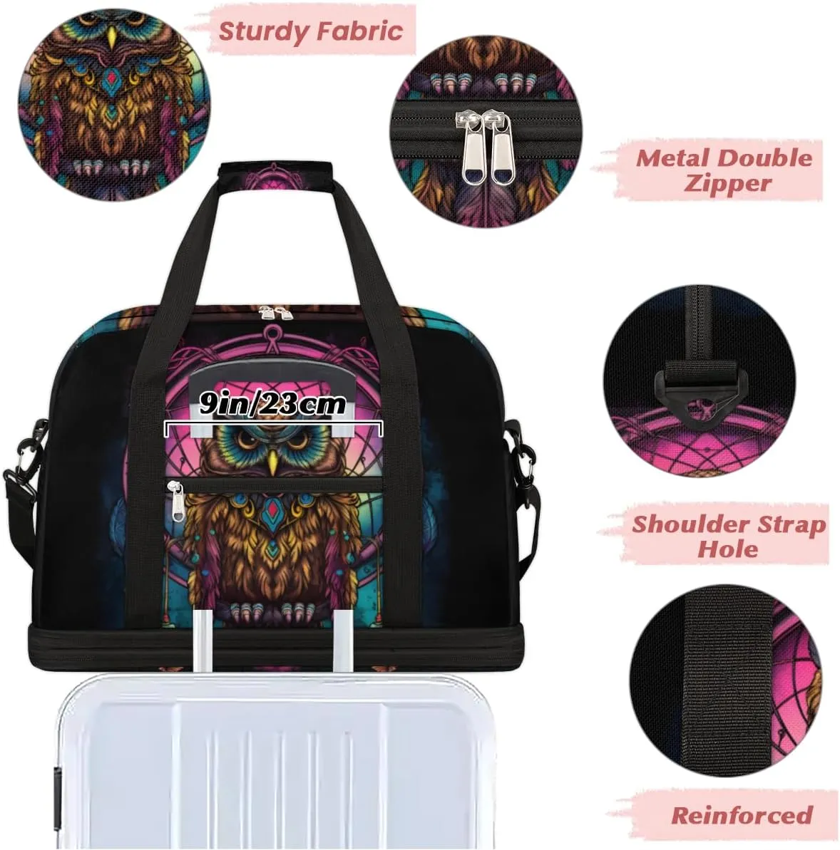 Cool Owl Pattern Foldable Duffle Bag with Shoes Compartment Large Capacity Waterproof Travel Weekender Bag Overnight Bag for Sports Gym