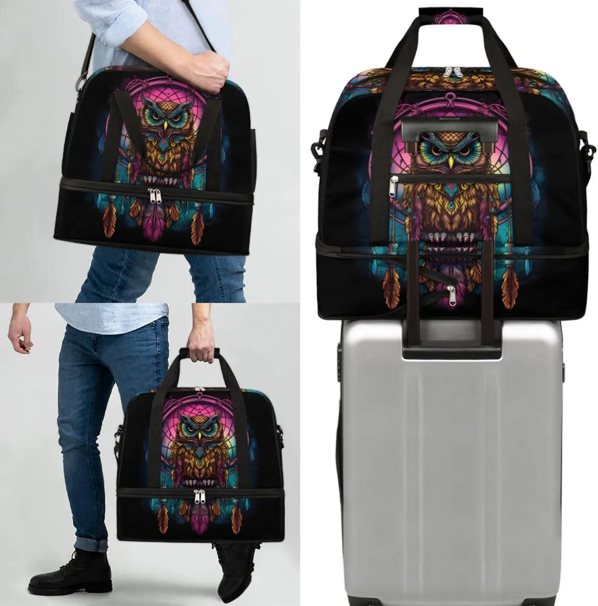 Cool Owl Pattern Foldable Duffle Bag with Shoes Compartment Large Capacity Waterproof Travel Weekender Bag Overnight Bag for Sports Gym