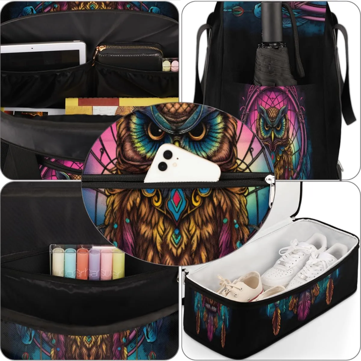 Cool Owl Pattern Foldable Duffle Bag with Shoes Compartment Large Capacity Waterproof Travel Weekender Bag Overnight Bag for Sports Gym