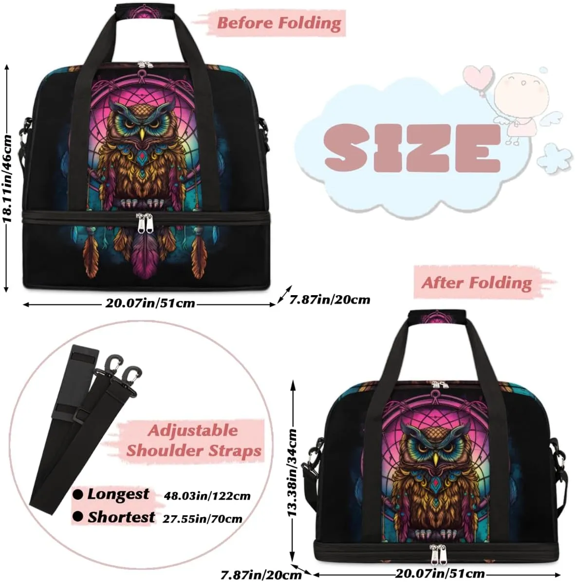 Cool Owl Pattern Foldable Duffle Bag with Shoes Compartment Large Capacity Waterproof Travel Weekender Bag Overnight Bag for Sports Gym