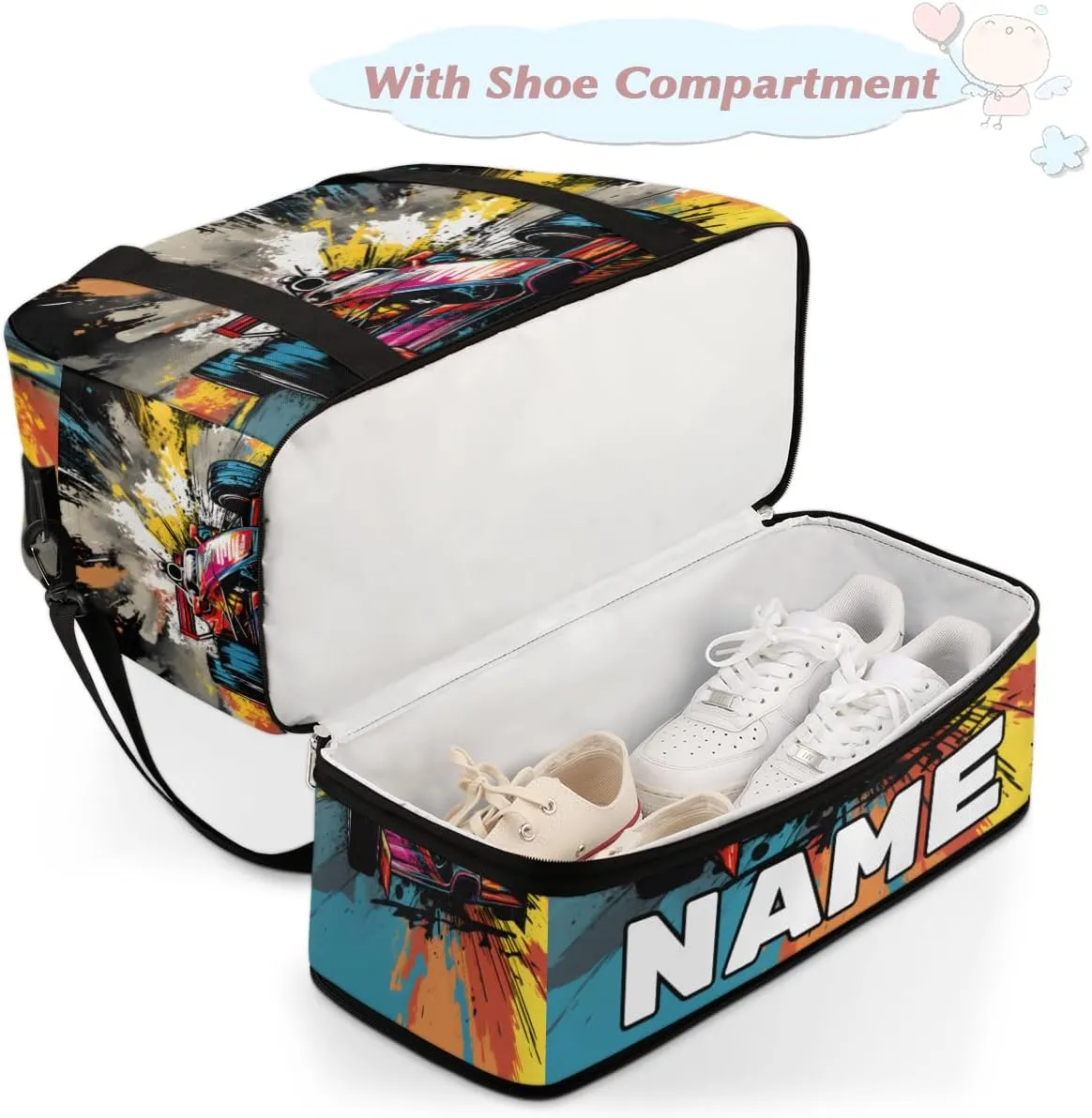 Cool Sports Car Custom Foldable Duffle Bag with Shoes Compartment Personalized Large Capacity Waterproof Travel Weekender Bag Overnight Bag for Sports Gym