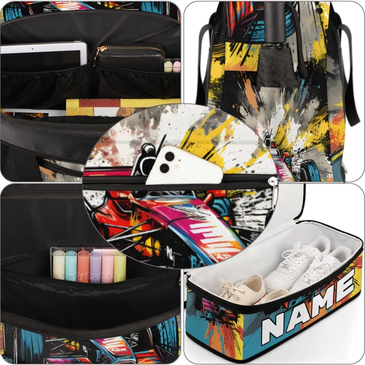 Cool Sports Car Custom Foldable Duffle Bag with Shoes Compartment Personalized Large Capacity Waterproof Travel Weekender Bag Overnight Bag for Sports Gym