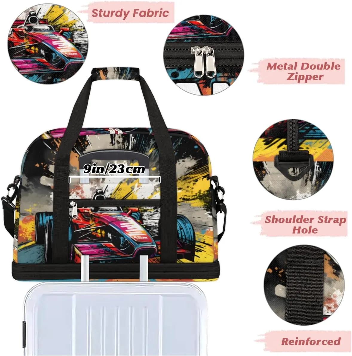 Cool Sports Car Custom Foldable Duffle Bag with Shoes Compartment Personalized Large Capacity Waterproof Travel Weekender Bag Overnight Bag for Sports Gym