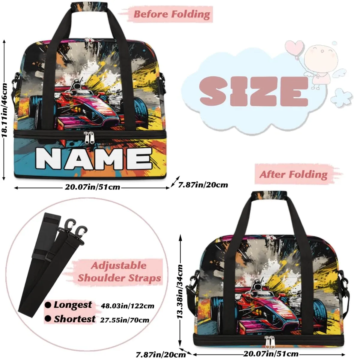 Cool Sports Car Custom Foldable Duffle Bag with Shoes Compartment Personalized Large Capacity Waterproof Travel Weekender Bag Overnight Bag for Sports Gym