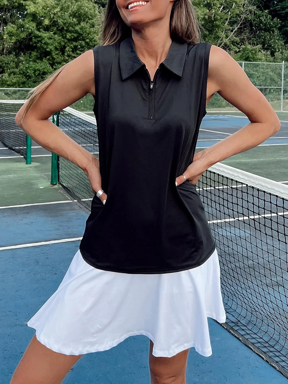 COOrun Women's Golf Polo T Shirts Lightweight Moisture Wicking Sleeveless Shirt Quick Dry Zipper Tank Top