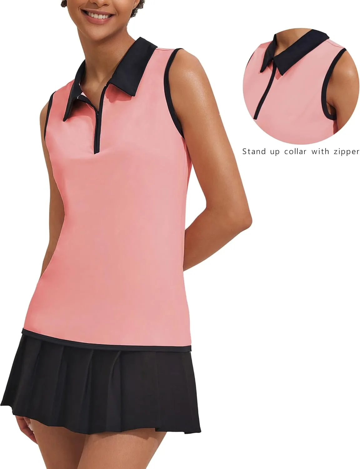 COOrun Women's Golf Polo T Shirts Lightweight Moisture Wicking Sleeveless Shirt Quick Dry Zipper Tank Top