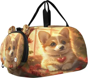 Corgi Dog Kids Overnight Sports Duffel Bags with Shoe Compartment & Wet Pocket Travel Sport Gym Bag for Girls Boys
