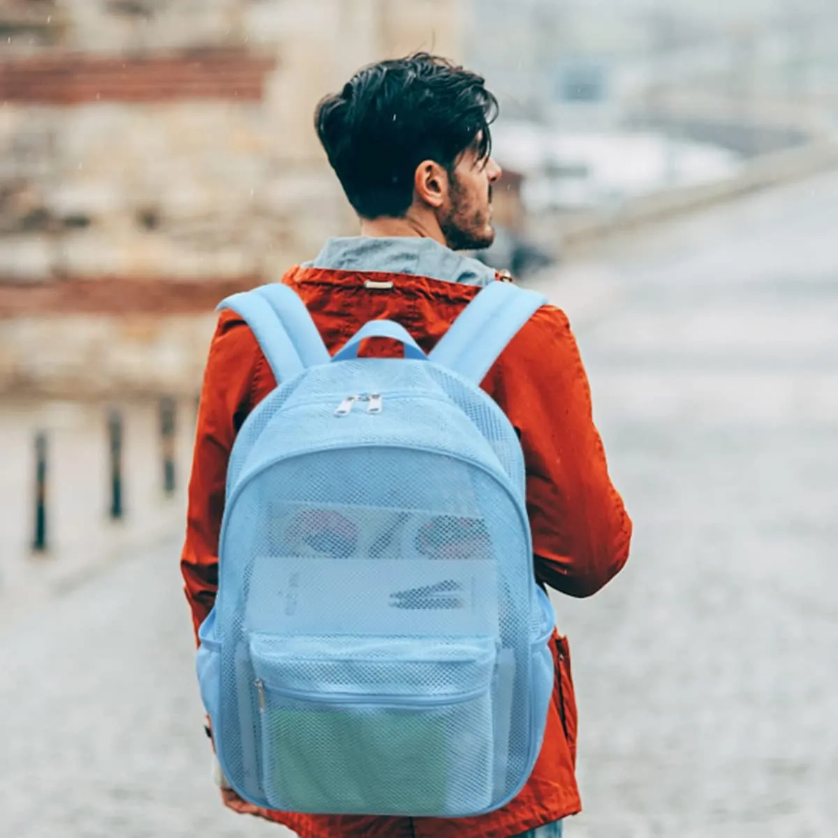 COVAX Heavy Duty Mesh Backpack, See Through College Backpack with Padded Shoulder Straps for Commuting, Swimming, Travel, Beach, Outdoor Sports (Blue)