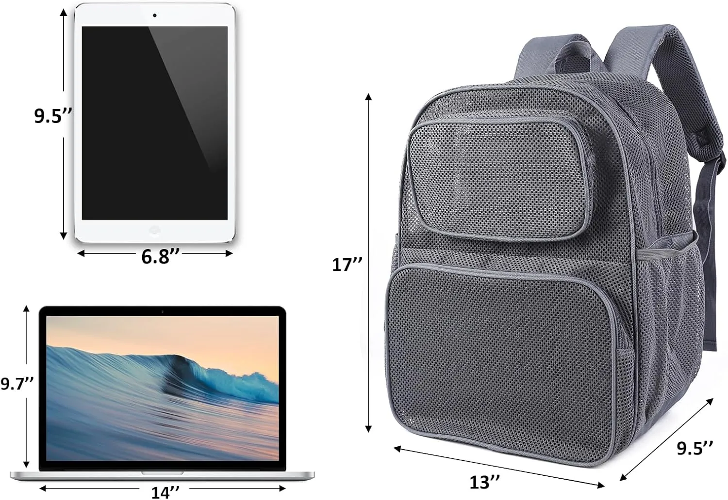 COVAX Large Mesh Backpack, Semi-transparent College Backpack with Bungee and Comfort Padded Straps for Travel, Swimming, Beach, Outdoor Sports (Grey)