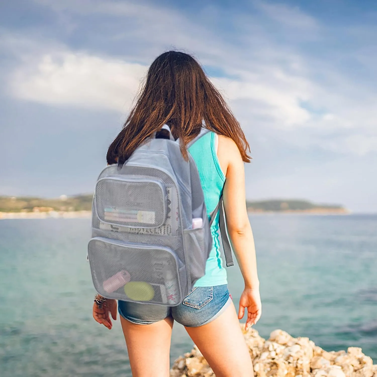 COVAX Large Mesh Backpack, Semi-transparent College Backpack with Bungee and Comfort Padded Straps for Travel, Swimming, Beach, Outdoor Sports (Grey)