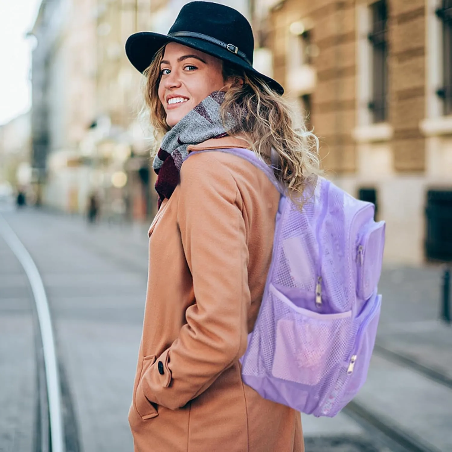 COVAX Large Mesh Backpack, Semi-transparent College Backpack with Bungee and Comfort Padded Straps for Travel, Swimming, Beach, Outdoor Sports (Purple)
