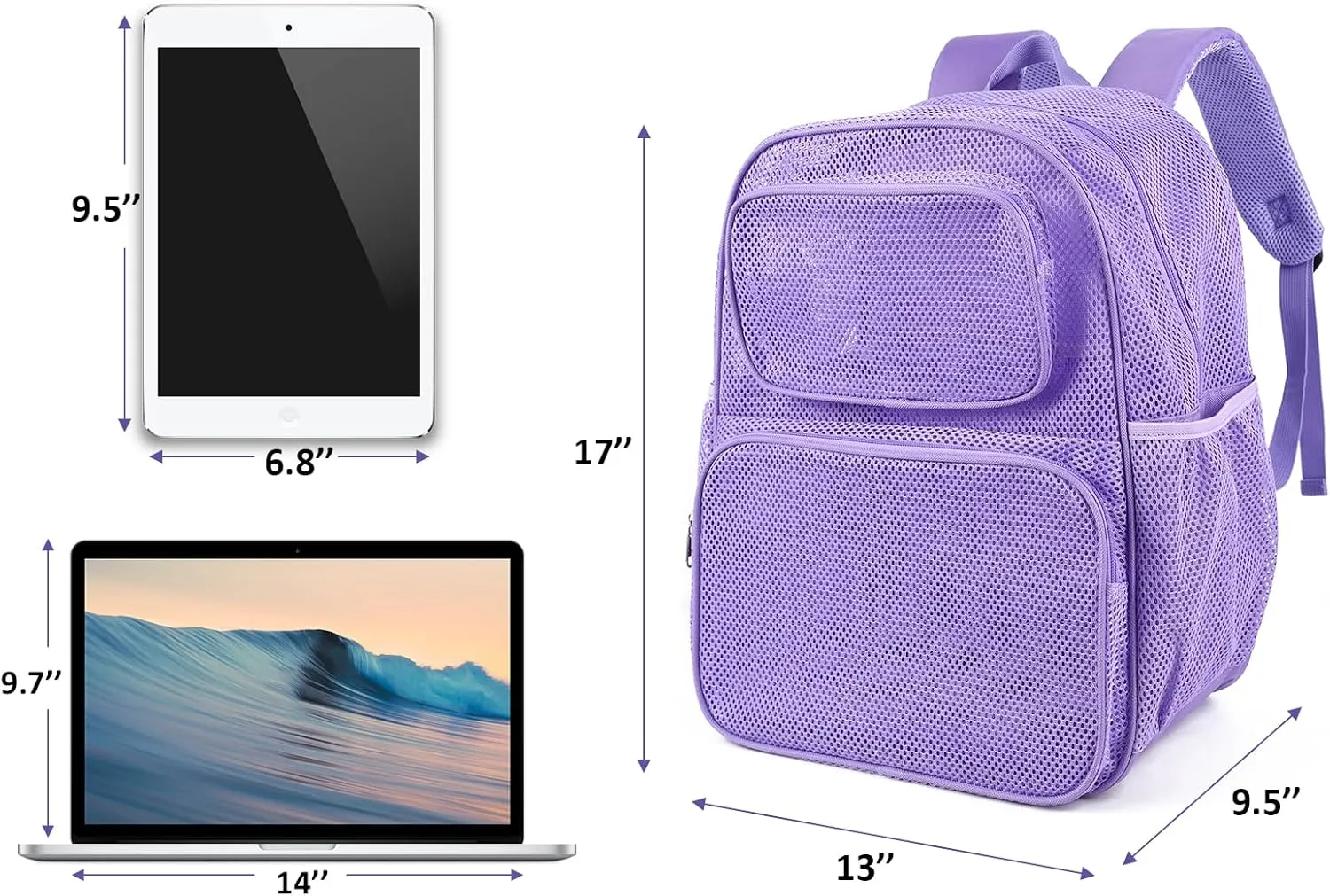 COVAX Large Mesh Backpack, Semi-transparent College Backpack with Bungee and Comfort Padded Straps for Travel, Swimming, Beach, Outdoor Sports (Purple)