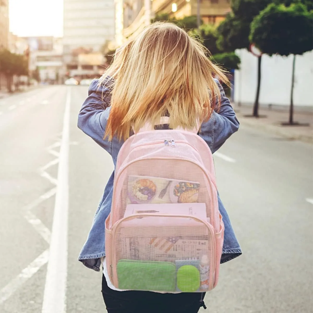 COVAX Mesh Backpack for School, Heavy Duty Mesh Bookbag, Semi-Transparent Back Pack for Beach, Swimming, Sports, Work, Travel (Pink)