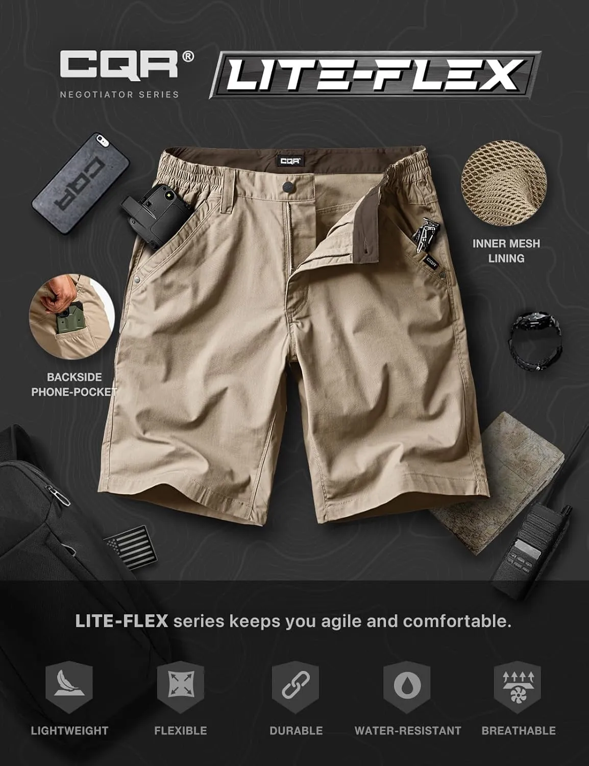 CQR Men's Flex Casual Cargo Shorts, Lightweight Water Resistant Golf Shorts, Stretch Tactical Work Shorts with Multi-Pocket