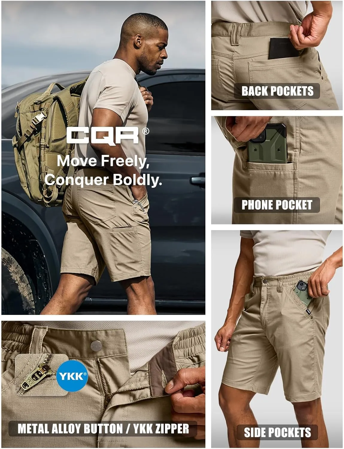 CQR Men's Flex Casual Cargo Shorts, Lightweight Water Resistant Golf Shorts, Stretch Tactical Work Shorts with Multi-Pocket
