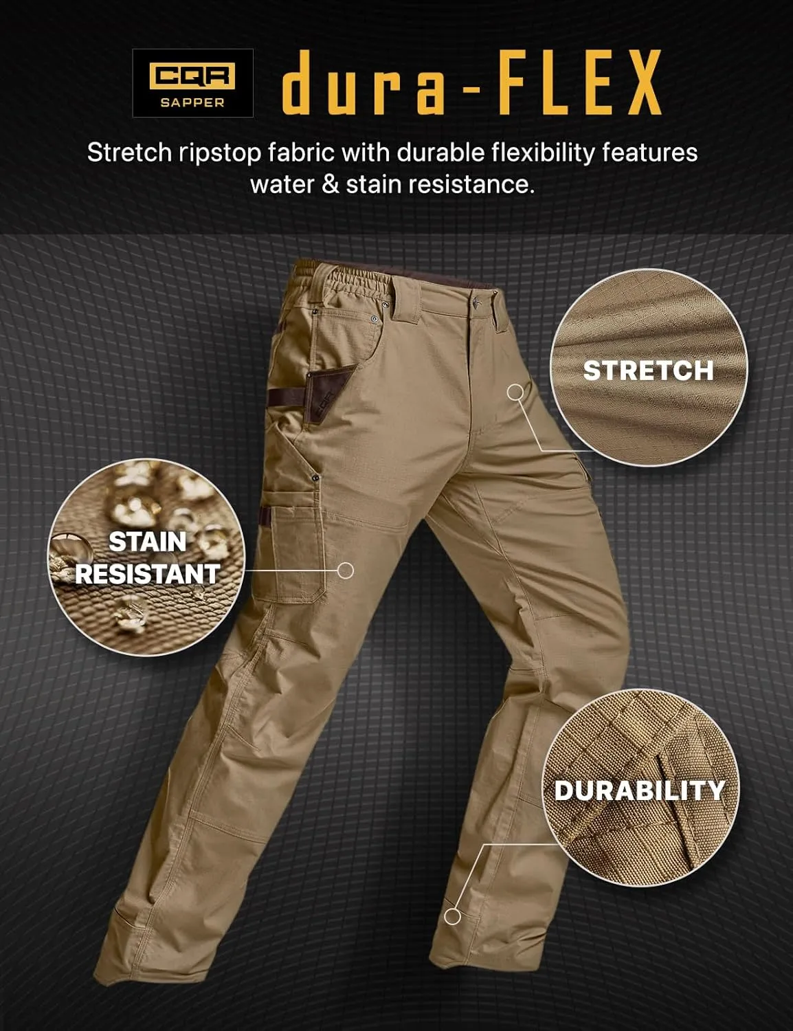 CQR Men's Flex Ripstop Work Pants, Water Resistant Tactical Pants, Outdoor Utility Operator EDC Cargo Pants