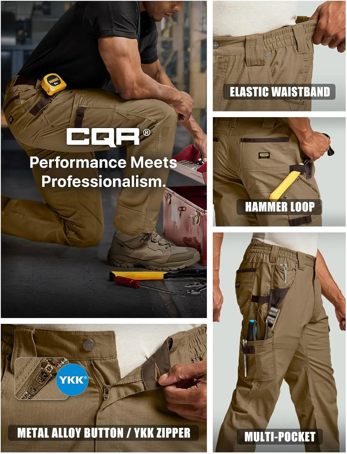 CQR Men's Flex Ripstop Work Pants, Water Resistant Tactical Pants, Outdoor Utility Operator EDC Cargo Pants