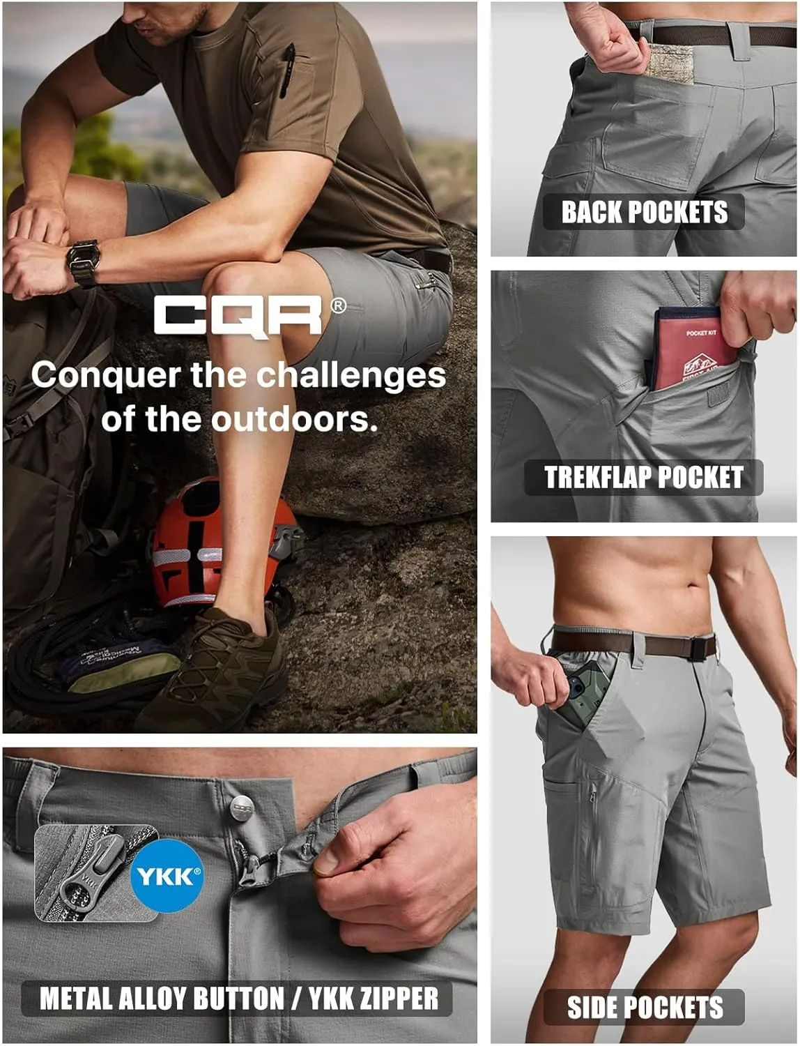CQR Men's Quick Dry Stretch Hiking Cargo Shorts, Lightweight Water Resistant Tactical Casual, Golf & Outdoor with Pockets