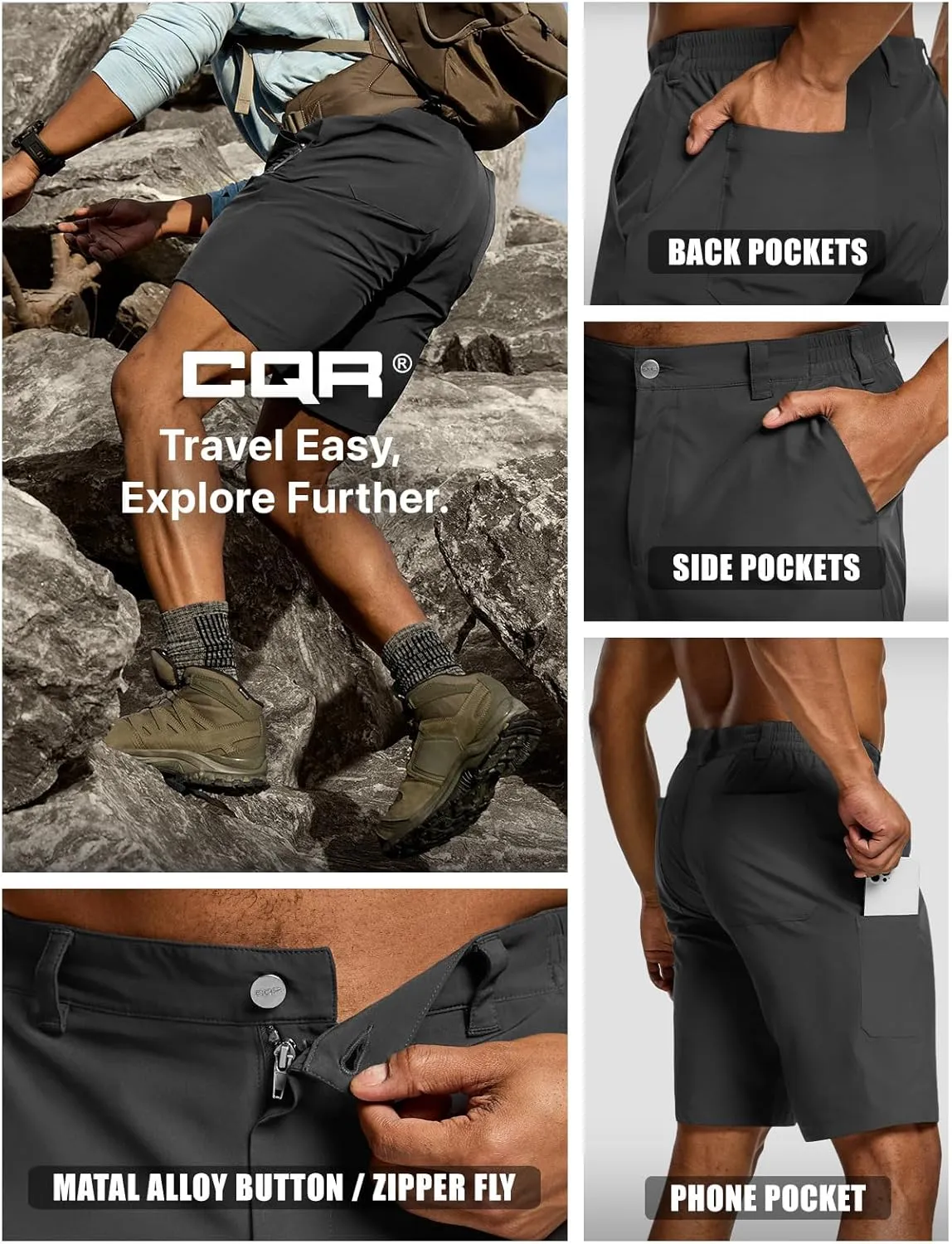 CQR Men's Quick Dry Stretch Hiking Cargo Shorts, Lightweight Water Resistant Tactical Casual, Golf & Outdoor with Pockets