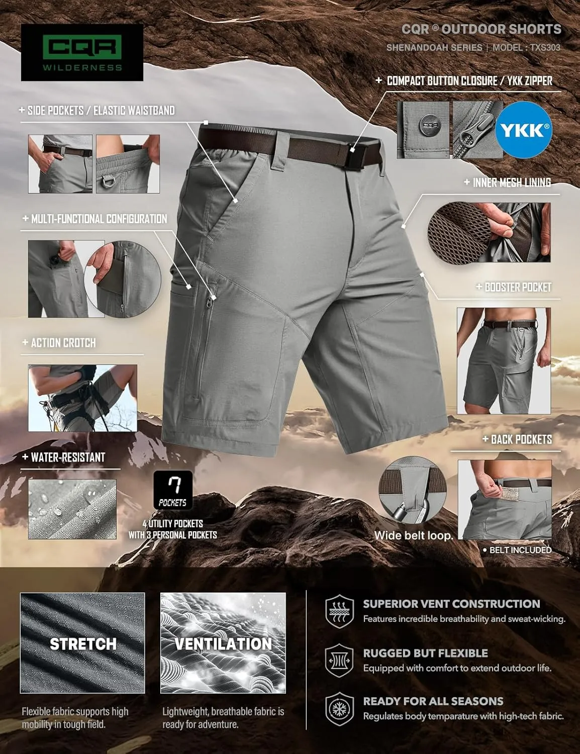 CQR Men's Quick Dry Stretch Hiking Cargo Shorts, Lightweight Water Resistant Tactical Casual, Golf & Outdoor with Pockets