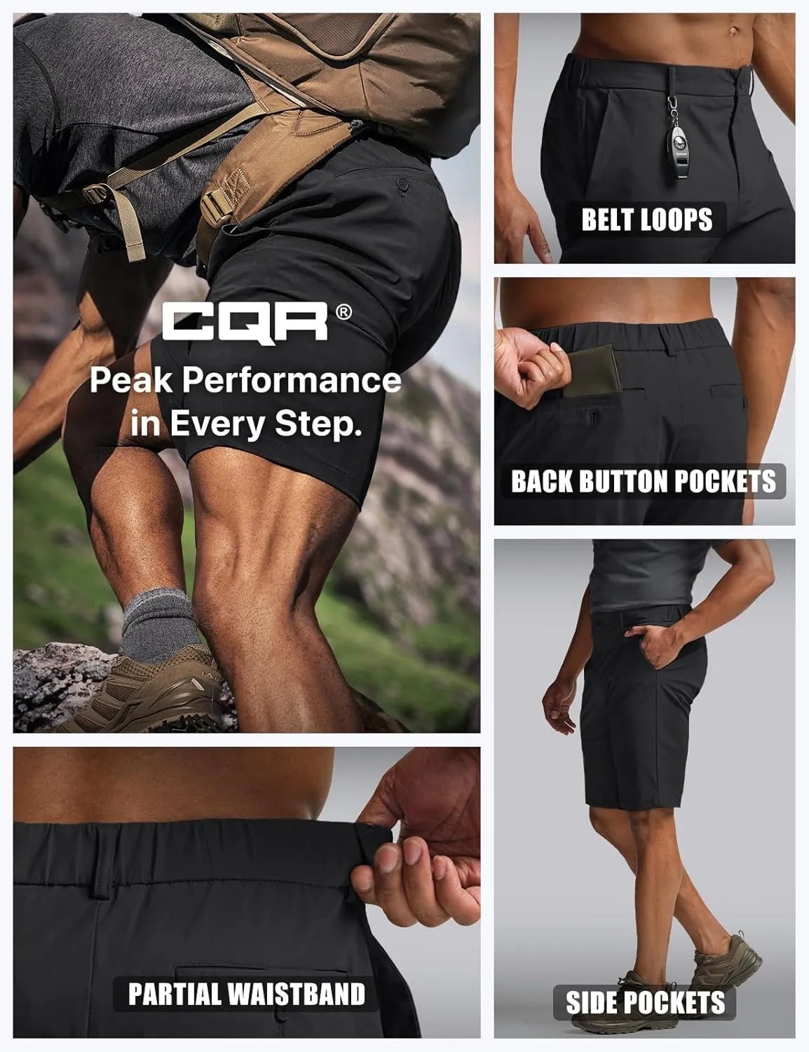 CQR Men’s Quick-Dry Stretch Hiking Cargo Shorts – Lightweight Water-Resistant Tactical Casual, Golf & Outdoor with Pockets