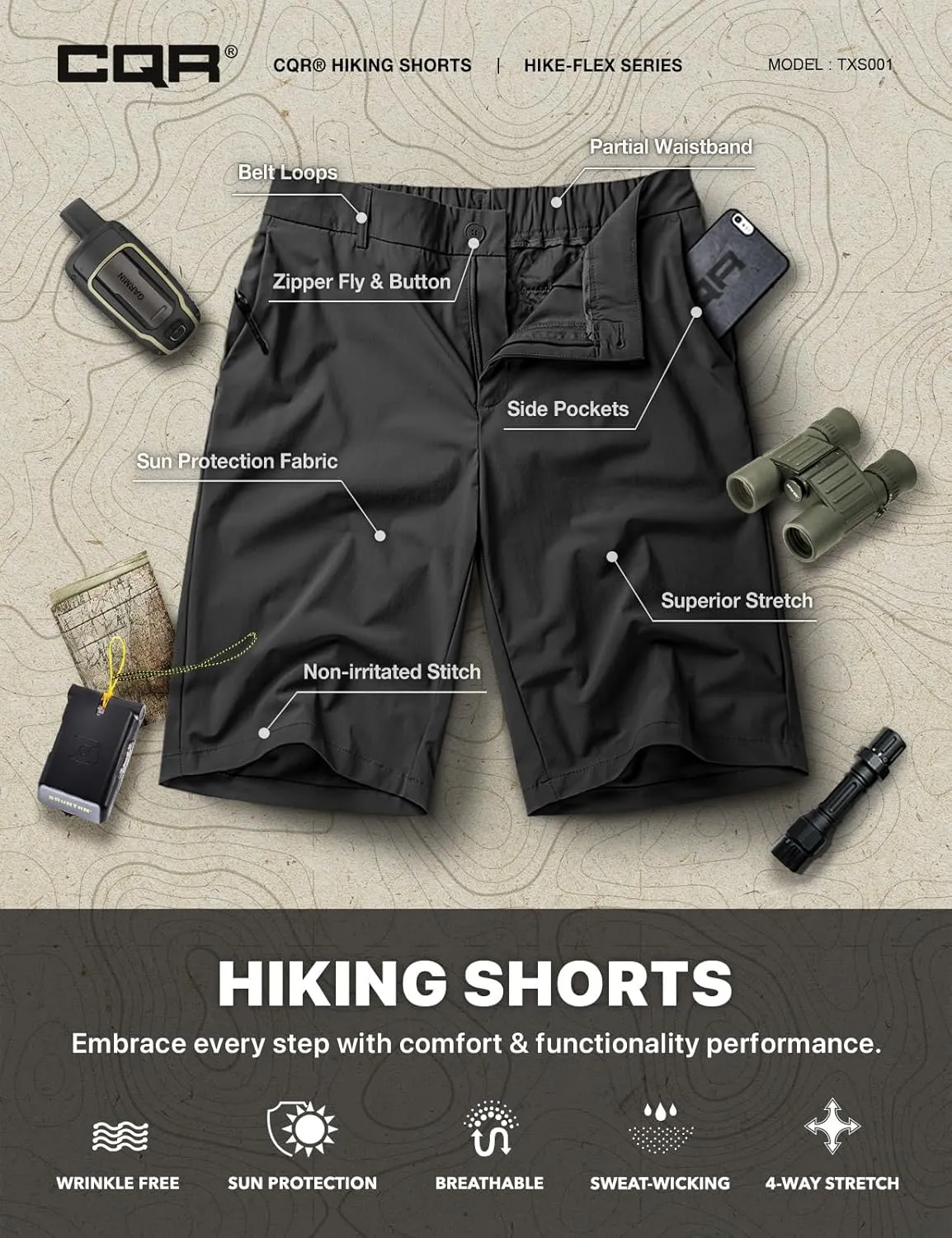 CQR Men’s Quick-Dry Stretch Hiking Cargo Shorts – Lightweight Water-Resistant Tactical Casual, Golf & Outdoor with Pockets