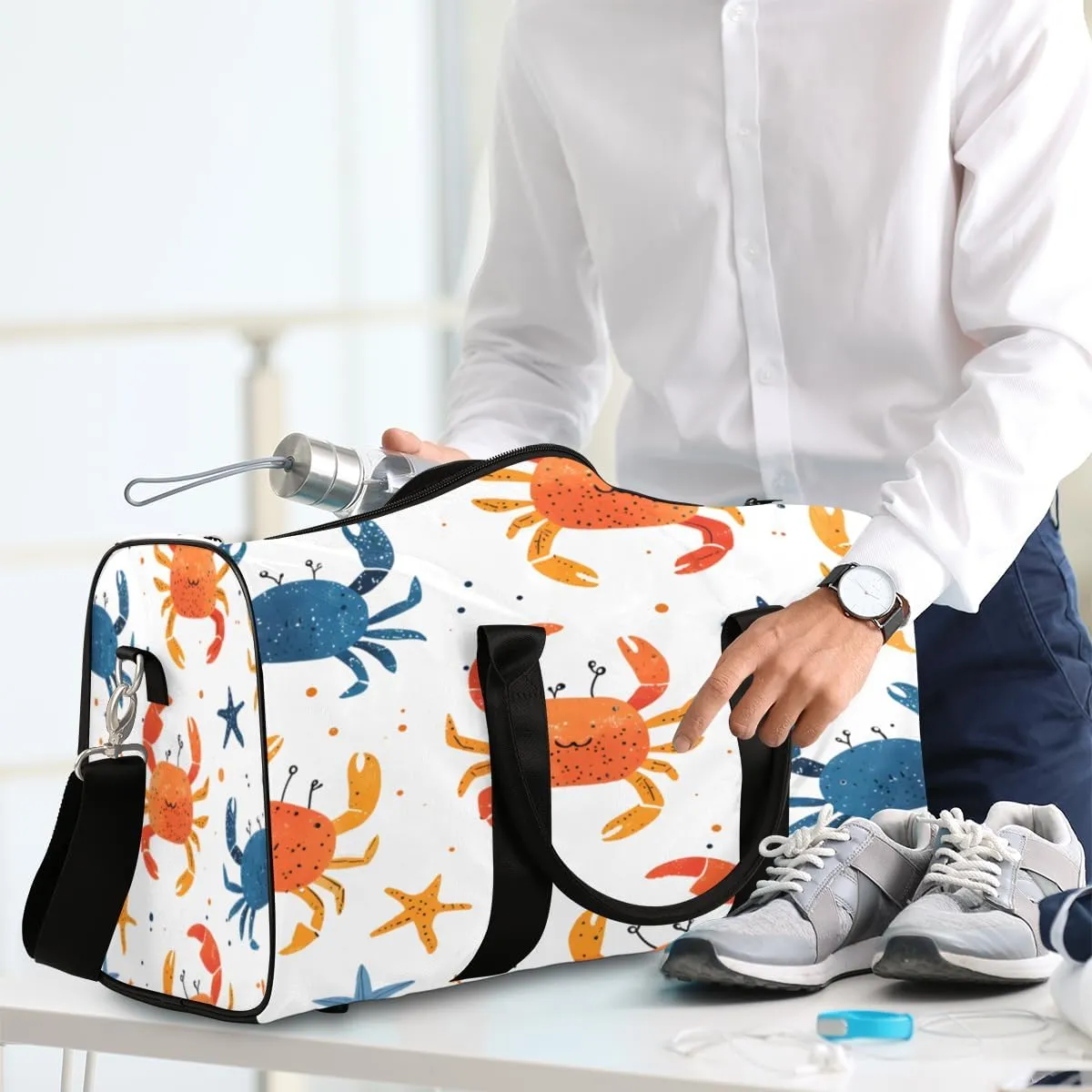 Crab Travel Duffle Bag, Sports Gym Bags for Women Men, Carry On Weekender Overnight Bag, Ocean Marine Theme Workout Hospital Airplane Trips Bag
